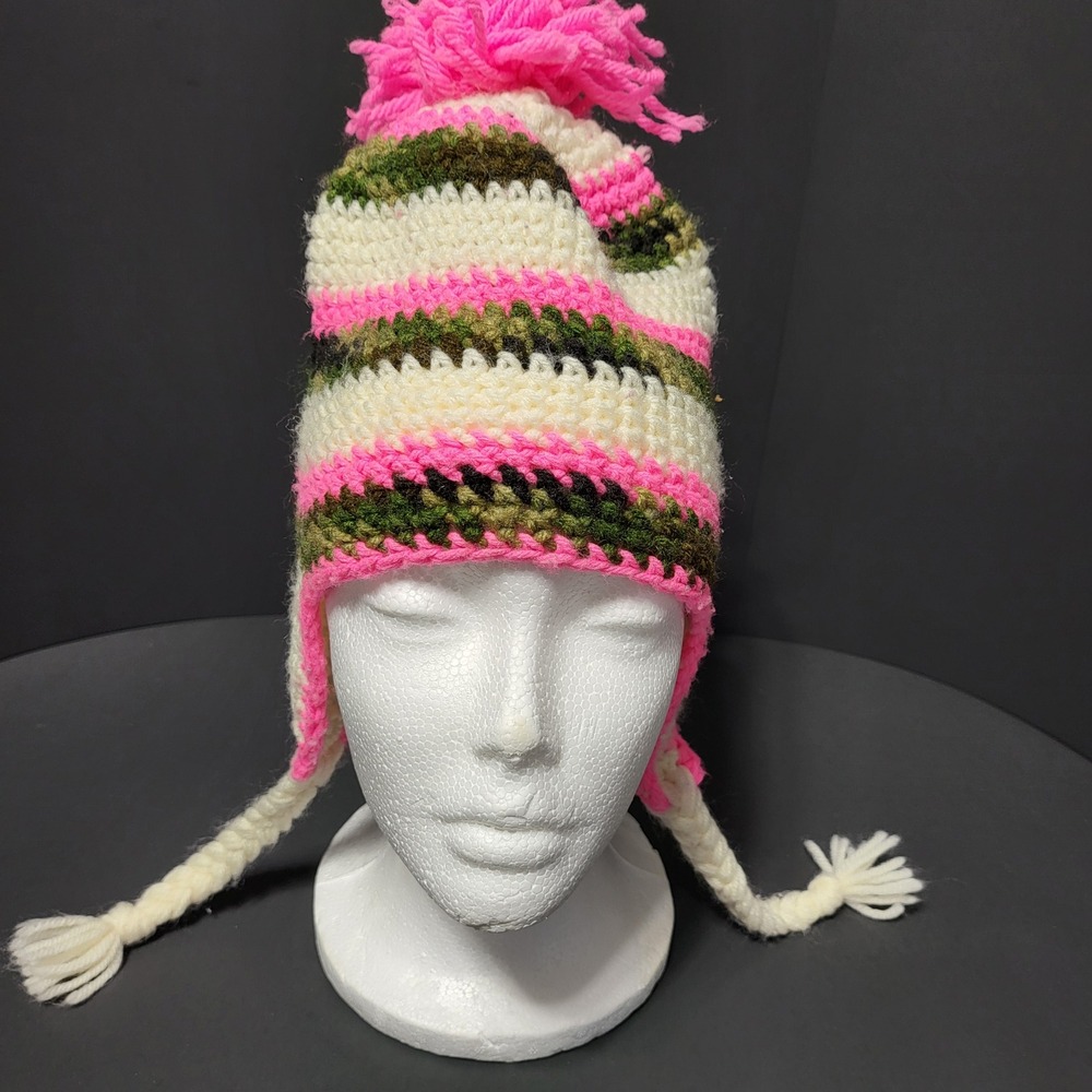 Kids Crochet Trapper‎ Hat Pink Cream Camouflage Pom Pom Ear Flaps